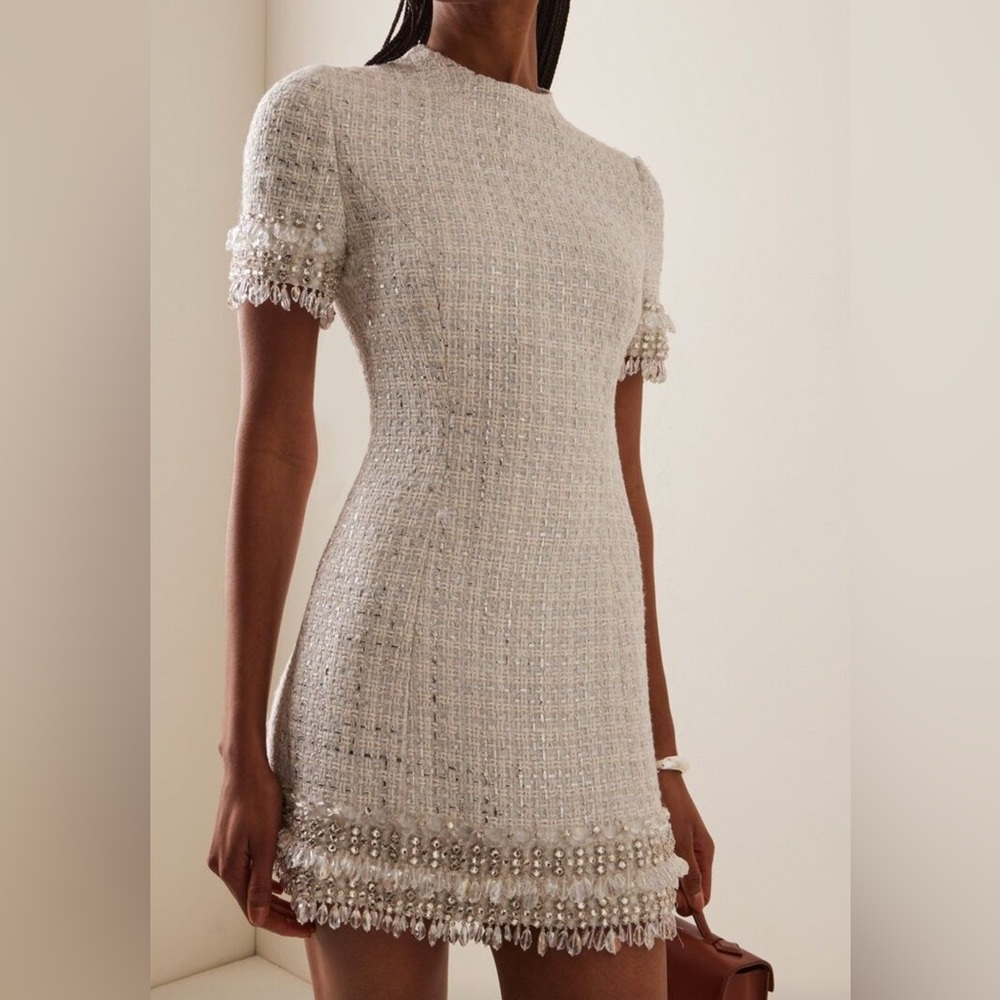 Carolina Herrera Embellished Tweed Mock-Neck Mini Dress